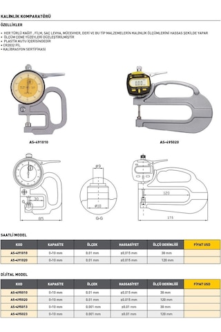 Fett AS-495023 Asimeto Saatli Kalınlık Komparatörü 0-10 MM