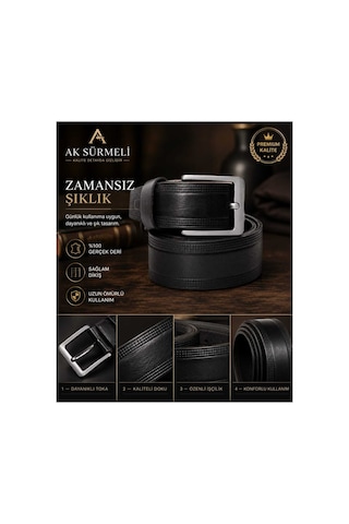 Ak Sürmeli Erkek Siyah % 100 Hakiki,gerçek Dikişli Deri Kemer Kumaş, Keten Ve Kanvasa Uygundur. 4,5 Cm Siyah Siyah