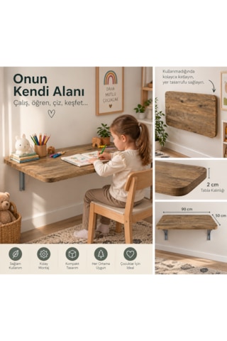 Montessori Masa 90x50 Cm Katlanabilir Duvar Masası Çocuk Çalışma Ve Aktivite Masası Ceviz Renk Sunta Tabla