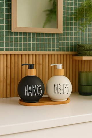Bambu Standlı Cam Sıvı Sabunluk Seti 500 Ml Çiftli Dispenser Hands & Dishes Yazılı, Siyah-beyaz Siyah Beyaz