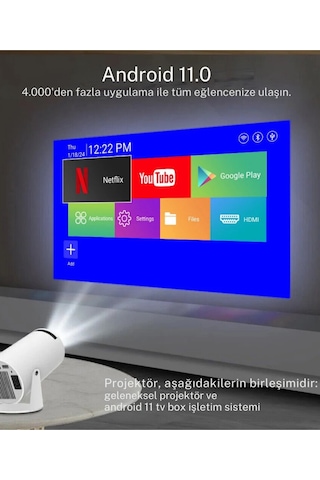 Projeksiyon Cihazı Taşınabilir Sinema Projeksiyon 720p Ev Sineması Bluetooth Android 11 Akıllı Proje
