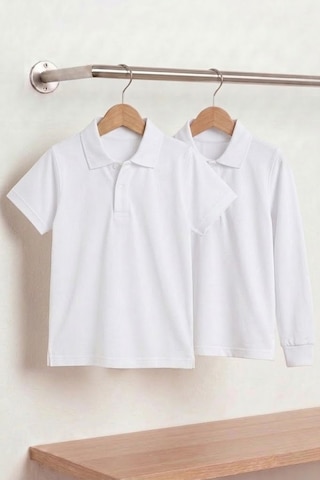Nacar Store Unisex Çocuk Uzun Ve Kısa Kollu Polo Yaka Okul Tişörtü 2'li Set BEYAZ