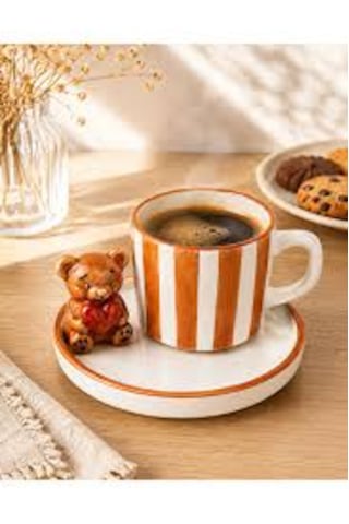 Erd Seramik Ayıcıklı 180 Ml Duble Türk Kahvesi Fincanı Tabaklı Çizgili Espresso Kahve Kupası 1 Adet Açık Kahverengi