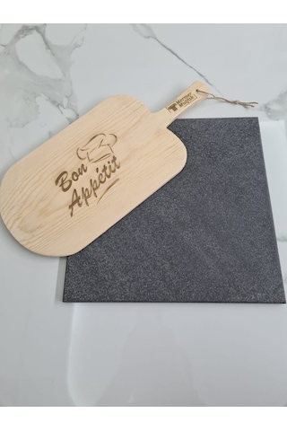Doğal Bazalt Fırın Pişirme Taşı & Ahşap Fırın Küreği 30X30 + Kürek