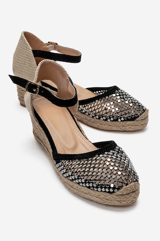 Luvi Shoes Drelıx Siyah Süet Hakiki Deri Taş Detaylı Fileli Kadın Dolgu Topuklu Sandalet