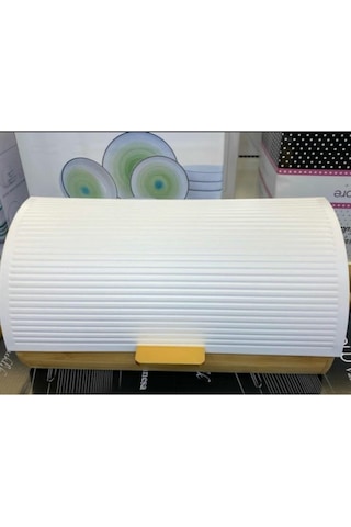 Bambulu Metal Kapaklı Ekmek Dolabı Beyaz