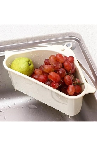 Vantuzlu Üçgen Sebze Meyve Lavabo Raf Evye Süzgeç Sünger Tutucu Düzenleyici Mutfak Organize Beyaz