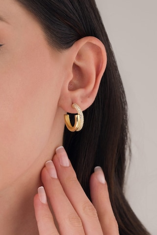 20 Mm Gümüş Altın Kaplama Beyaz Zirkon Taşlı Yarım Halka Küpe