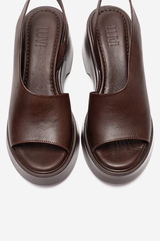 Luvishoes Roy Kahverengi Cilt Hakiki Deri Kadın Dolgu Topuklu Sandalet Kahverengi Deri