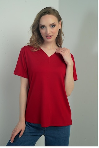 By Saygı Kadın V Yaka Yırtmaçlı Kısa Kol Bluz-40707 Bordo