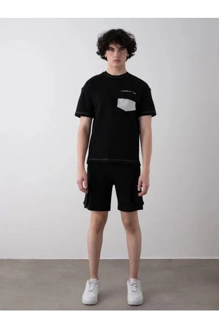 Erkek Teenage Fermuarlı Oversize Şortlu Takım-15543 Siyah