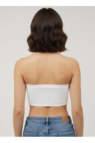 Afri Kadın Beyaz Taş Detaylı Straplez Crop Top Esnek Kumaş, Işıltılı Bant Büstiyer Beyaz