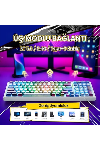 Aula F99 3 Modlu Rgb Hot Swap Mekanik Graywood V3 Switch Kablosuz Makrolu Gaming Klavye Comic