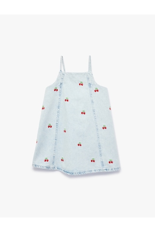Koton Çilek Detaylı Kare Yaka Askılı Denim Elbise Lıght Indıgo 6smg80008ad Açık Mavi