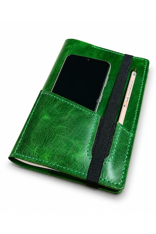 Bilikolik Hakiki Deri A5 Defter Kılıfı, El Yapımı, Telefon Cepli Ajanda Organizer, Defter Ve Kalem Dahil Yeşil