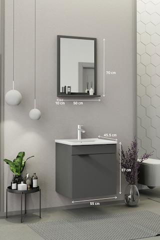 Biani Fix Arya 55 Cm Banyo Dolabı,Seramik Lavabolu, Aynalı,Lavabo Dahil,Mdf,Mat Gri