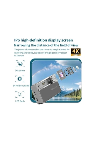 Dijital Kamera 4k Hd 48mp 8x Zoom Flaşlı Kayar Retro Video Kamera 2.4 Ekran 64gb Sd KartGümüş Najmaddin