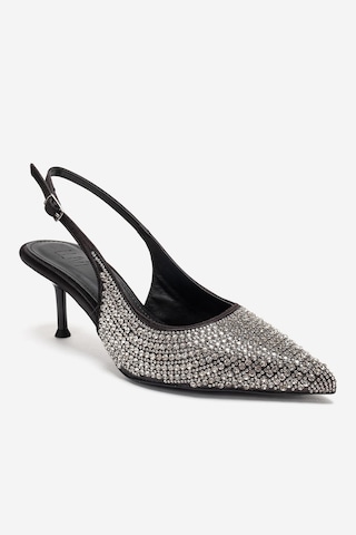 Luvishoes Yasmına Siyah Gümüş Taşlı Kadın Topuklu Ayakkabı Siyah - Gümüş