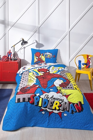 Spiderman New York Tek Kişilik Disney Lisanslı Çocuk Yatak Örtüsü 160x230 Cm Mavi