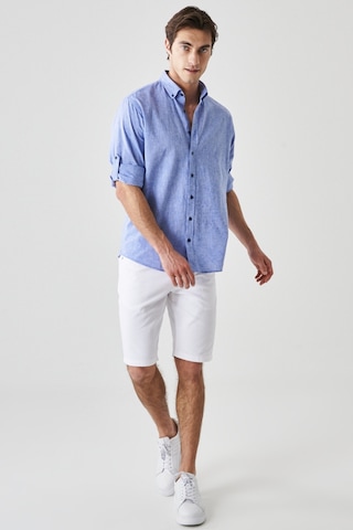 AC&Co / Altınyıldız Classics Erkek Saks Mavi Comfort Fit Rahat Kesim Düğmeli Yaka Casual Keten Gömlek 4A2022200085SKSXL Saks