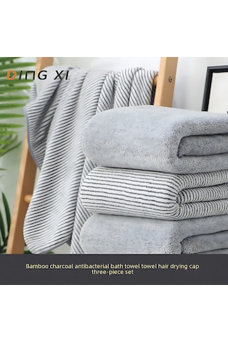 Gajeena Bambu Kömürlü Koral Yünlü 3'lü Havlu Seti - Yıkama, Plaj Ve Saç Kurutma Havlusu, Yüksek Su Absorpsiyonu, Çizgili Desen
