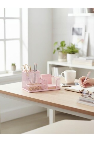 Need Nd-1033 Metal Mesh Masaüstü Organizer 3 Bölmeli, Çok Amaçlı Düzenleyici Pembe