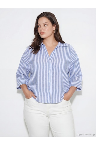 Lcw Vision Mavi Çizgili Oversize Poplin Kadın Gömlek