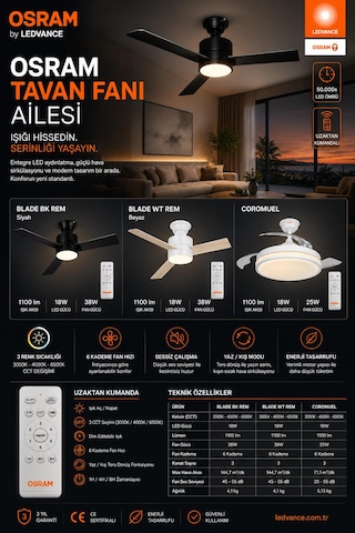 Osram Ceiling Blade Fan 18w 3 Kanatlı Beyaz Kumandalı Tavan Vantilatörü