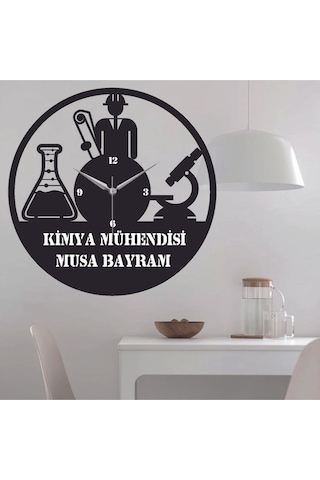 Kimya Mühendisi Temalı Ahşap Duvar Saati Siyah