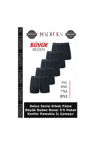 Hadpols Delux Serisi Erkek Füme Büyük Beden Boxer 5'li Paket Konfor Pamuklu İç Çamaşır