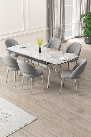 Canisa Weps Serisi 89x150 Açılabilir Lak Panel Rampla Gri Krom Ayak Masa Takımı Ve 6 Gri Sandalye Rampla Gri Masa Gri Sandalye Krom Ayak
