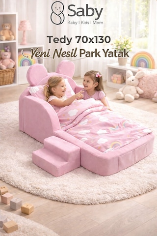 Saby Luxury Tedyy Baza Ve Başlıklı Montessori Full Sünger Yatak Seti - Pembe