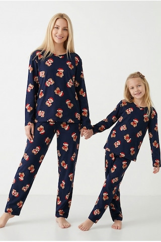 Siyah İnci %100 Pamuklu Şeker Baston Desenli Yılbaşı Temalı Örme Pijama Takım Lacivert Ayıcık