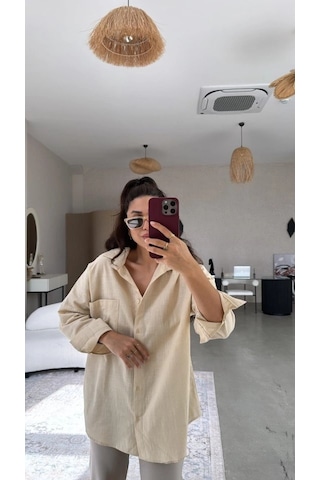 Defymoda Kadın Tek Cepli Over Size Ketem Gömlek Vizon