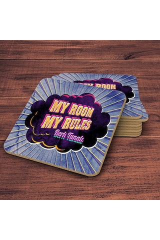 Kişiye Özel Retro My Room My Rules Tasarımlı Ahşap Bardak Altlığı - 1 4 Adet Çok Renkli