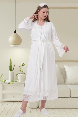 Mecit Pijama Mecit 6204 Ekru Hamile Lohusa Dantelli Sabahlık Gecelik Takım