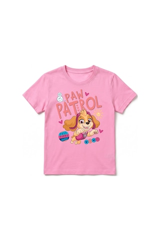 Urbantrendstore Paw Patrol Özel Tasarım Unisex Kız Çocuk Erkek Çocuk Bisiklet Yuvarlak Yaka Basic Kısa Kollu %100 Pamuk Tişört Pembe