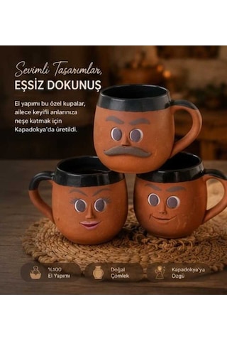 Kapadokya Çömlek Emojili Kahve Aile Kupa Seti 3lü Göl Yeşili