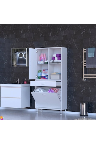 Modilayn Afra 80x173x32,5cm 1 Çekmece, 2 Göz Sepet, 1 Kapak, 4 Raf Dar Alan Banyo Dolabı Beyaz