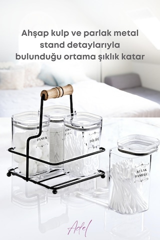 Grimorlife Metal Standlı 4 Lü Akrilik Kulak Pamuğu- Pamuk & Makyaj Pamuğu& Diş Ipi Organizeri- Etiket Hediyeli Siyah