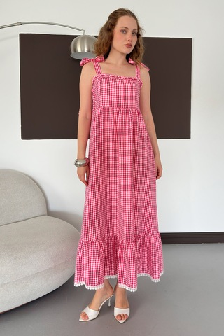 Verymoda Kadın Pötikare Desenli Askı Bağlama Detaylı Maxi Elbise D3108 Pembe