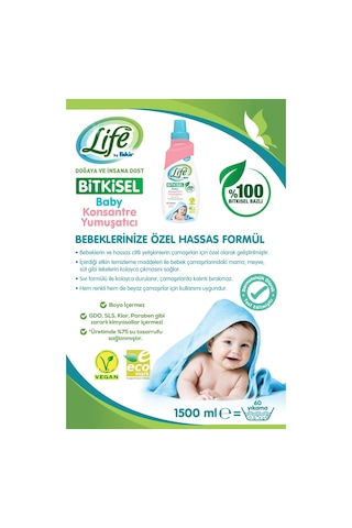 Life by Fakir Bitkisel Bazlı Konsantre Bebek Çamaşır Yumuşatıcısı 60 Yıkama 1500 ML
