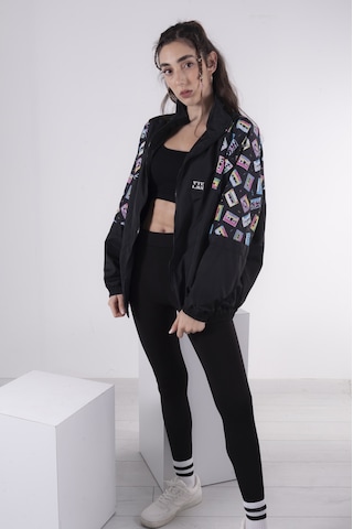 Erkek Kadın Siyah Beyaz Kaset Desenli Bomber Siyah