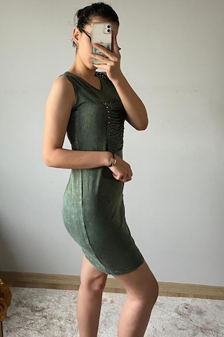 Mia Butik Kadın V Yaka Kare Pul Payetli Haki Elbise-978 Haki