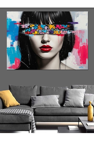 Pop Art Göz Bantlı Kırmızı Rujlu Siyah Beyaz Kadın Yüzü Dekoratif Kanvas - Mdf Ahşap Tablo