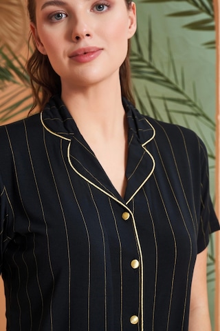 Pjs 27042 Kadın Kısa Kol Çizgili Önü Düğmeli Pijama Takımı Siyah