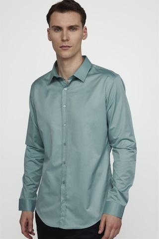 Tudors Slim Fit Likralı Düz Pamuk Saten Erkek Yeşil Gömlek-22436-yeşil Yeşil