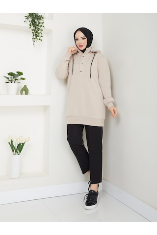 Raika Moda Kapşonlu 3 İplik Büyük Beden Tesettür Sweatshirt Bej