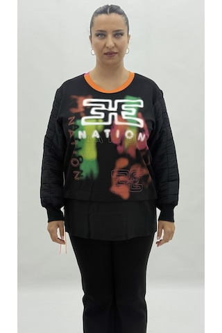 Büyük Beden Grafikli Viskon Uzun Kol Oversize Kadın Sweatshirt Siyah