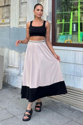 WeShaya Kadın Bej & Siyah Color Block Desen,beli Şerit Lastikli, Rahat Kalıp, Cepli Uzun Etek Bej